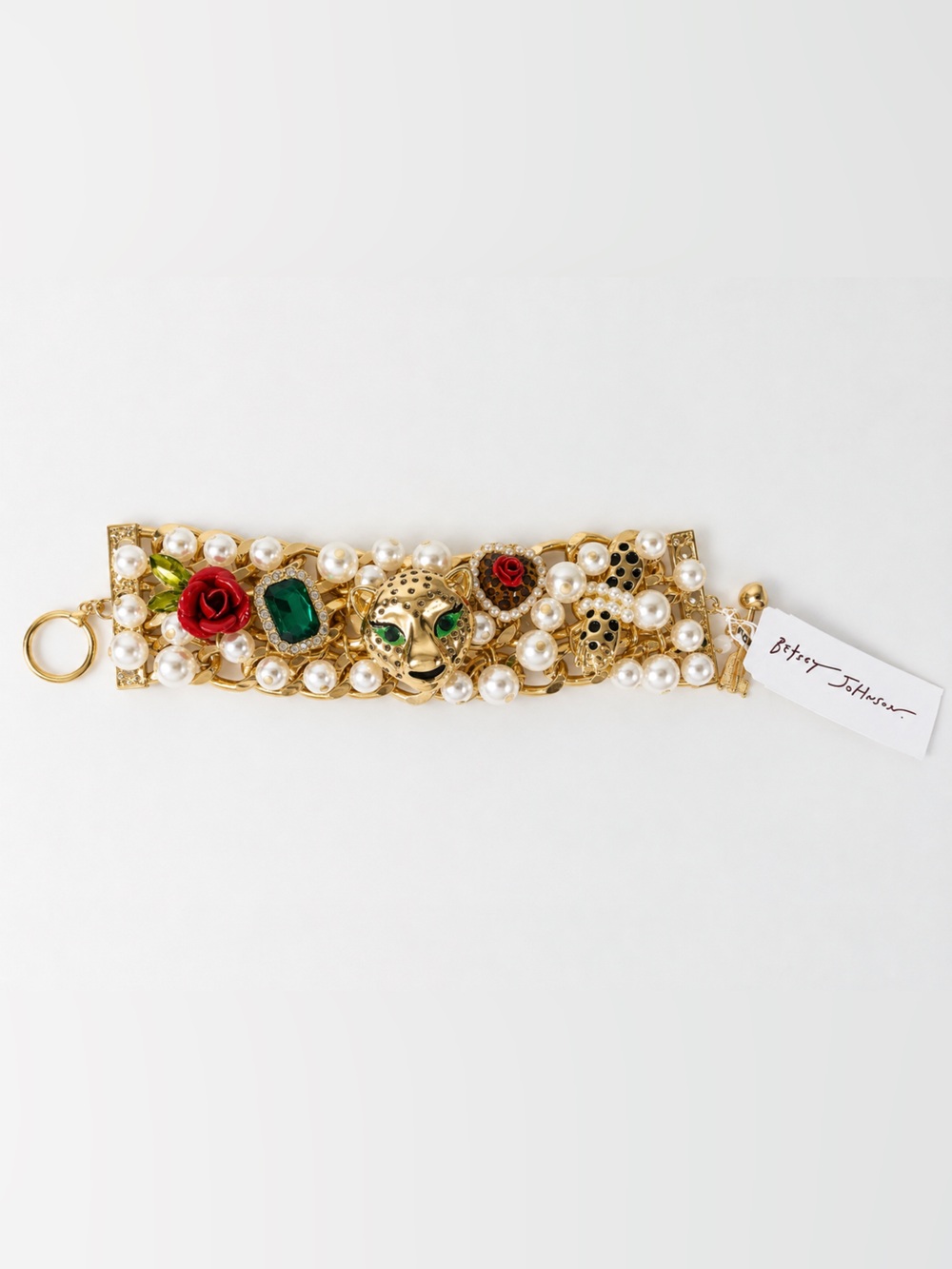 Betsey Johnson Gold Tone Leopard Rose Pearl Green Crystal Statement Bracelet NWT